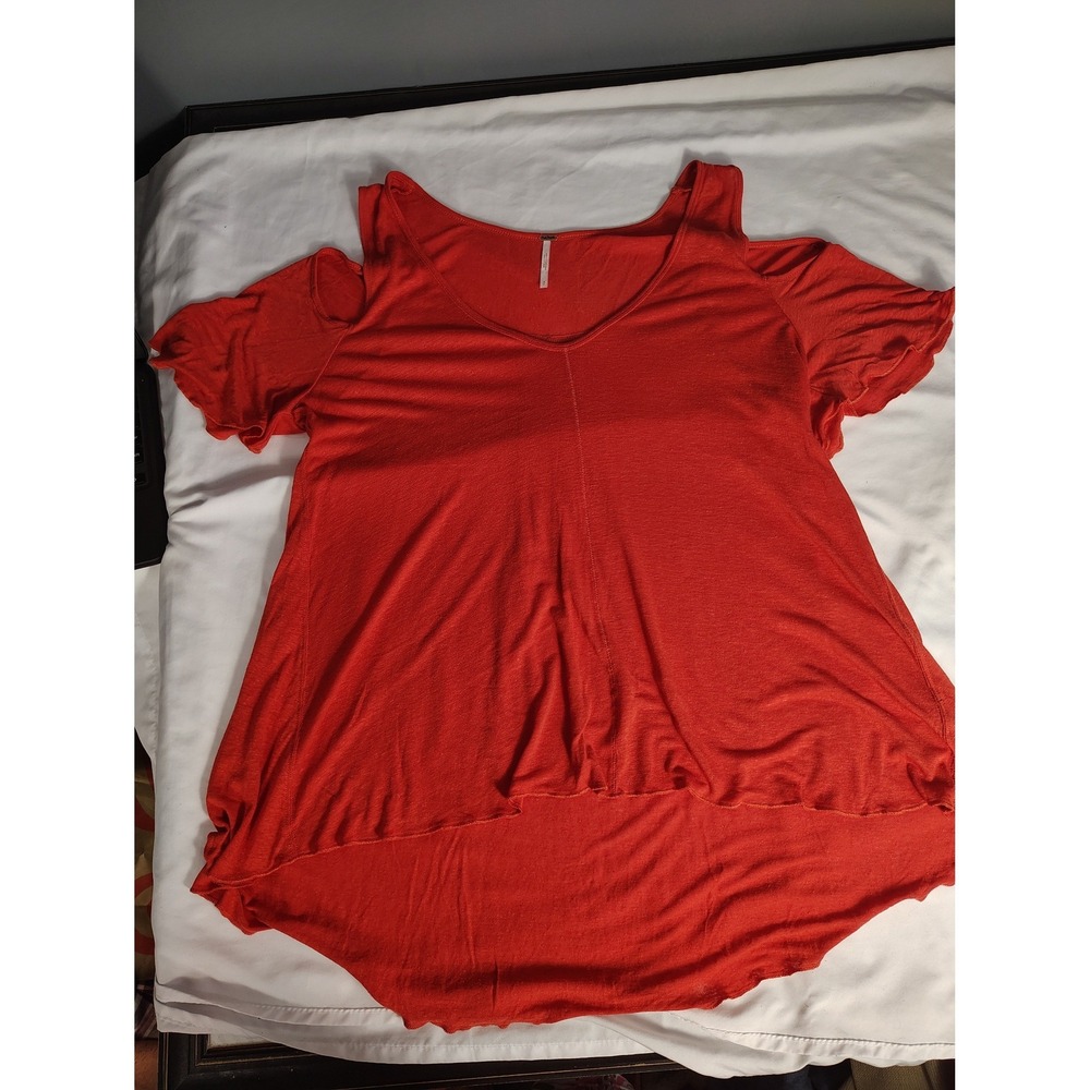 Free People We The Free Red Cold Shoulder High Low V-Neck Linen Blend Top Small